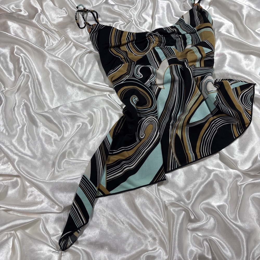 y2k Cami Top Black Tan Blue Excellent Abstract Swirl Asymmetrical Anna - Picture 2 of 6